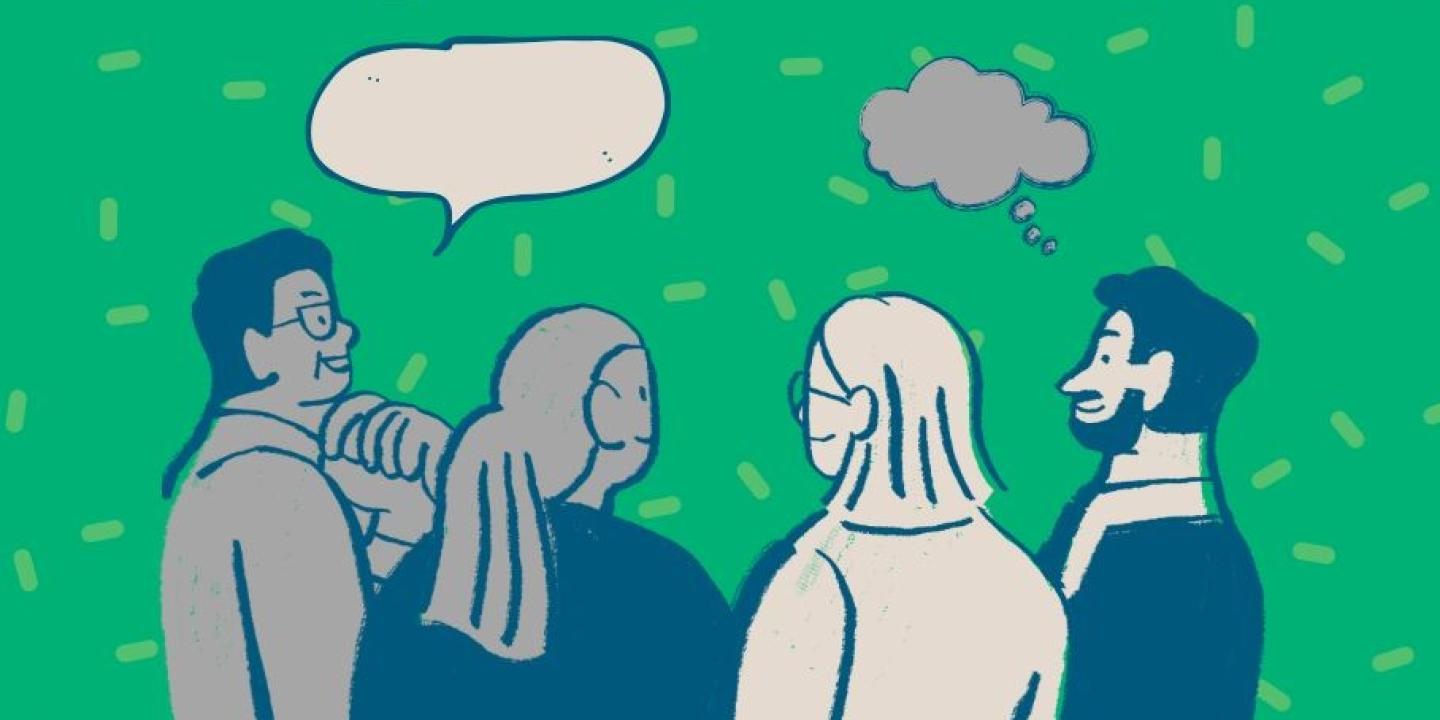 Cartoon of four people chatting with two word bubbles above their heads